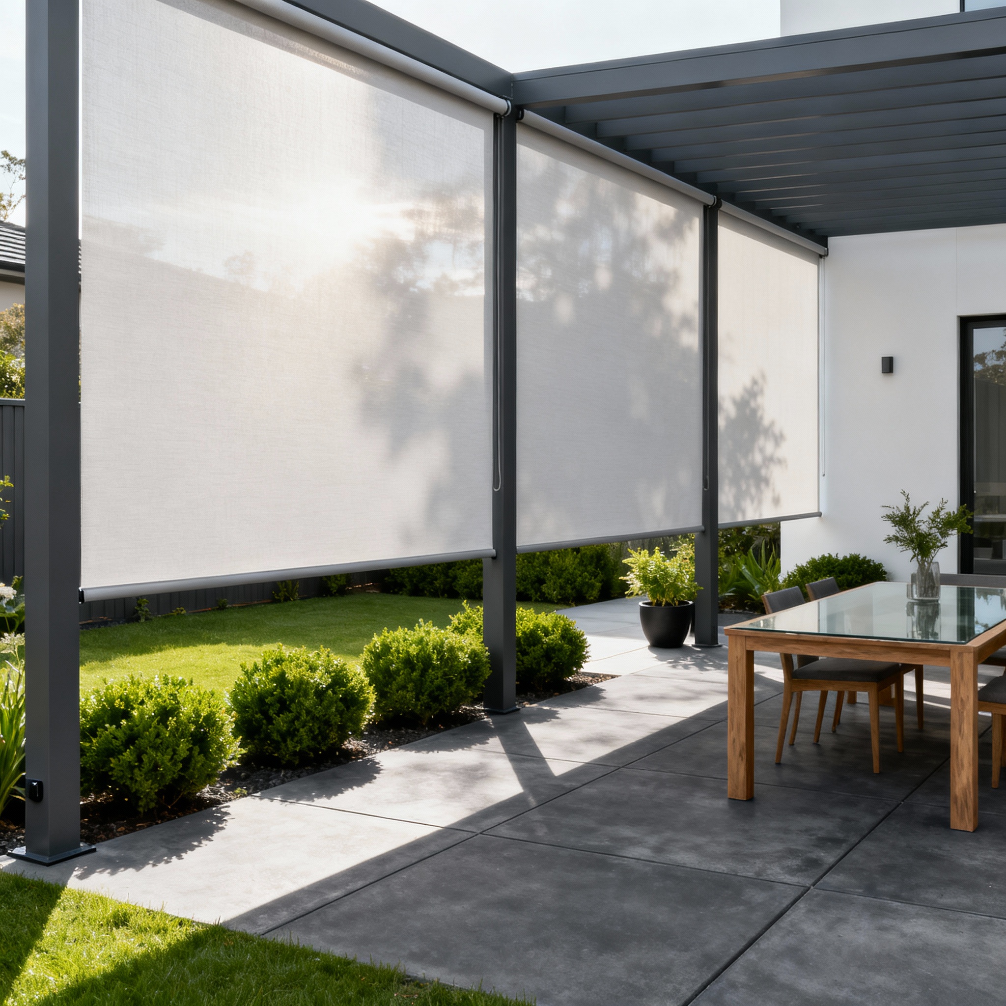 Modern Newcastle patio enhanced with Aussie Bills Ziptrak outdoor blinds for weather protection and style.