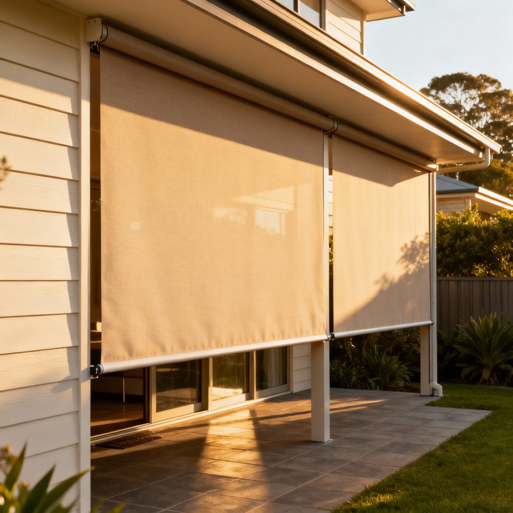 Modern Newcastle home exterior featuring elegant Ziptrak outdoor blinds on a sunny patio, providing shade, privacy, and style for enhanced outdoor living.
